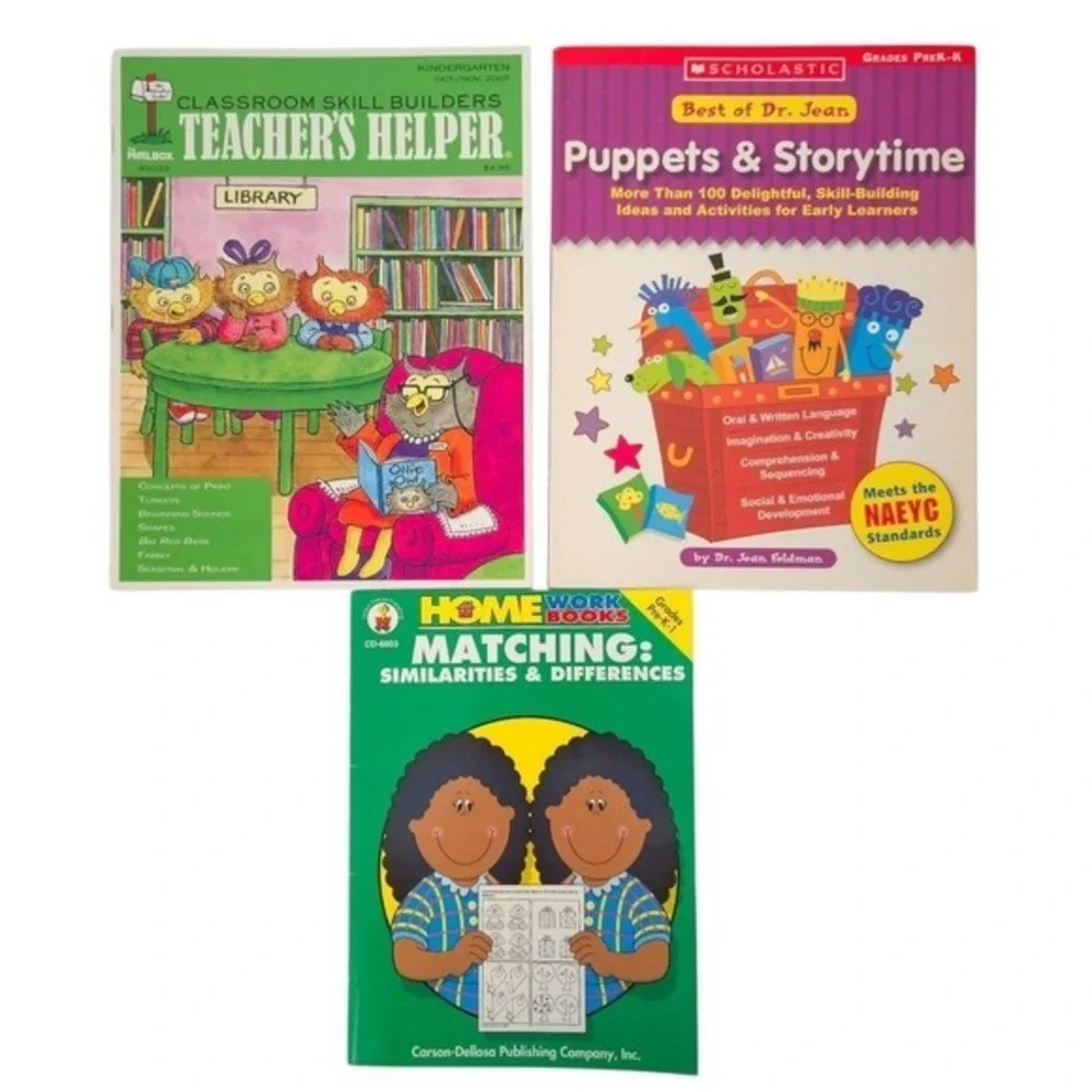 Pre-K Kindergarten Teaching Activity Books (Set of 3)- Matching, Puppets, Shapes